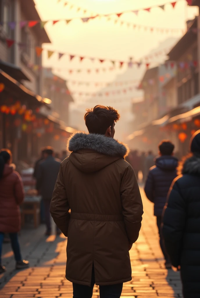 Show boy is enjoying afternoon close to sunset environment in best place sikkim , india. Boy is 20 years old wearing winter jacket. People are walking in the street market in front of boy. Show boy in spotlight like hero. Pov from behin̈d the boy. Don't show face of boy keep camera angle like that boy is not placed opposite of camera 