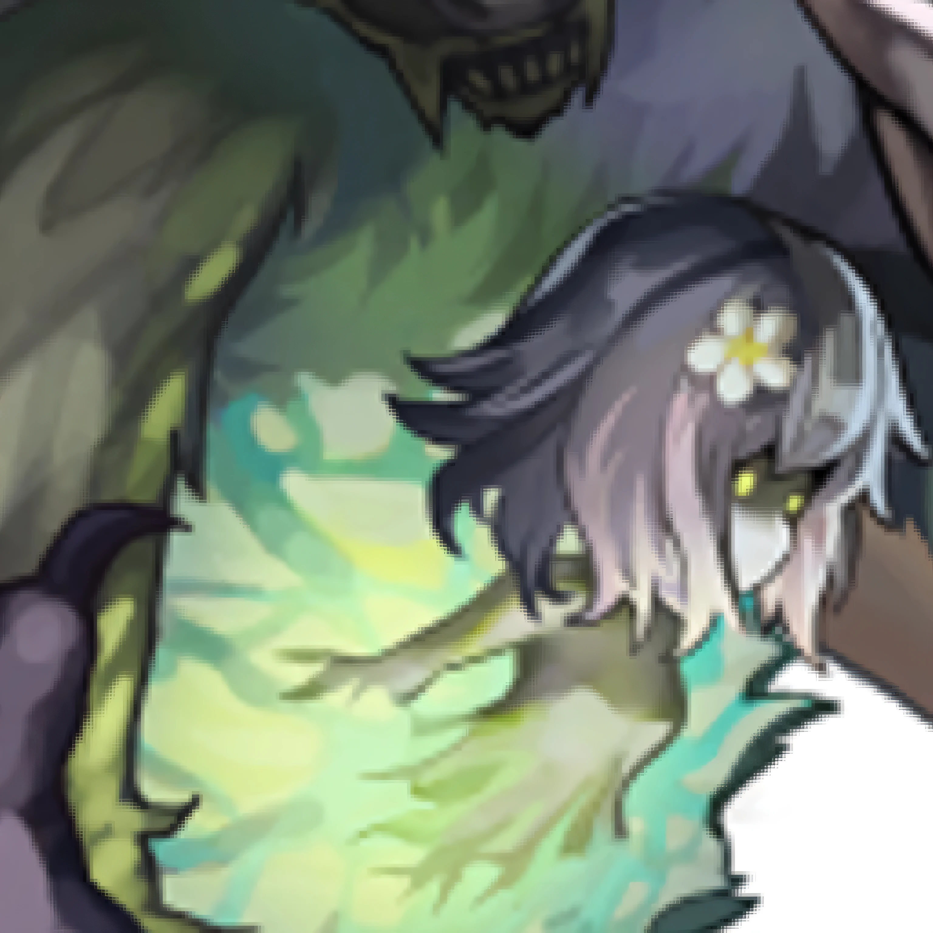 There is a cartoon drawing of a monster with a glowing face。, Discord PFP, Discord profile picture, Human-like thistle monster, portrait Gap Moe Yandere Grimdark, Gap Moe Yandere Grimdark, Extensive details, Ahegao, Details where sinister creatures hide, Onmyoji portrait, Summon an undead friend, Portrait Devil Half-Man Half-Beast, Anime Monster Girl, forest soul