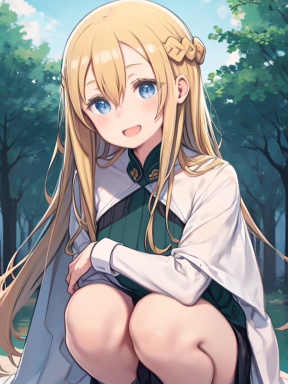 NSFW,(One girl:1.5),Blonde,Very long hair、Messy Hair、Flat Chest,hair ornaments、hair band、Bleaching、Haori、belly button、Black gloves、Pleated skirt、Green skirt、White knee socks、Cleavage,kimono,(Perfect hands),(Perfect Anatomy),(masterpiece),(highest quality),(Embarrassed:1.5),blush,(Ecstasy face:1.5),In heat,Crouching,Night Park,Street lamp,Pee,Peeing