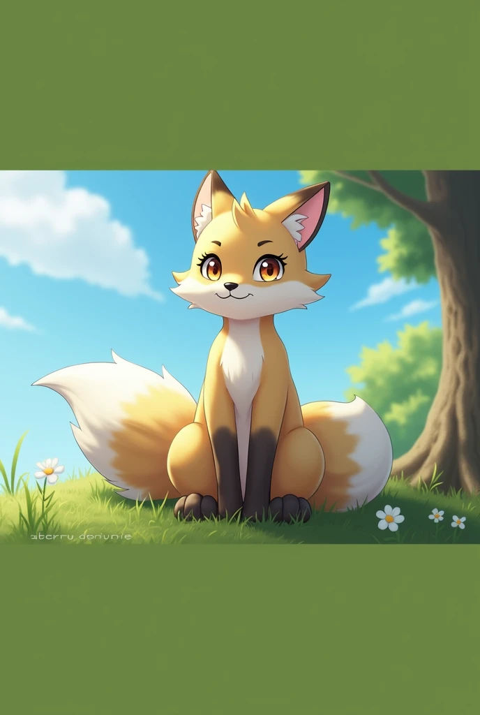 (masterpiece), expressive eyes, perfect face, correct anatomy, (furry:1.2), (fluffy:1.1), (anthro:1.2), (snout:1.2), very long hair, (gynomorph:1.4), fox ears, two-tone fur, body fur, closed eyes, fox tail, naked, smile, sky, tree, grass, hands behind body