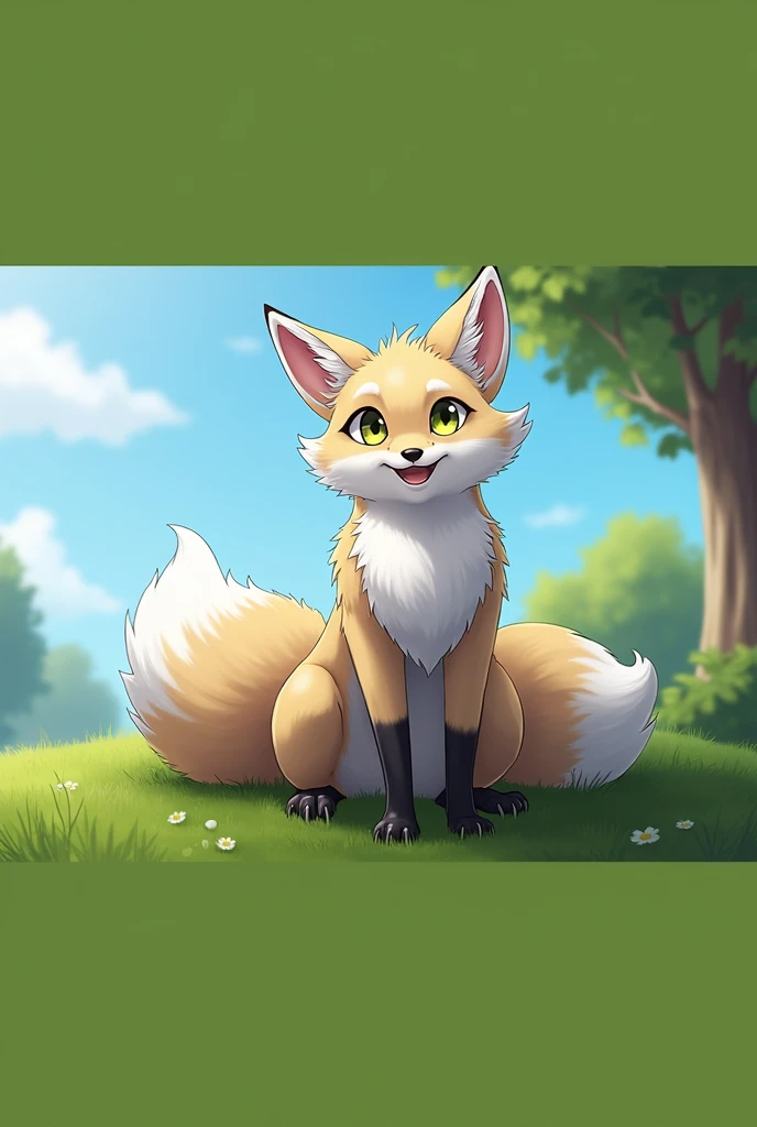 (masterpiece), expressive eyes, perfect face, correct anatomy, (furry:1.2), (fluffy:1.1), (anthro:1.2), (snout:1.2), very long hair, (gynomorph:1.4), fox ears, two-tone fur, body fur, closed eyes, fox tail, naked, smile, sky, tree, grass, hands behind body