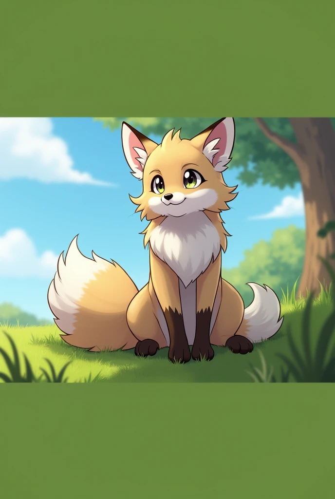 (masterpiece), expressive eyes, perfect face, correct anatomy, (furry:1.2), (fluffy:1.1), (anthro:1.2), (snout:1.2), very long hair, (gynomorph:1.4), fox ears, two-tone fur, body fur, closed eyes, fox tail, naked, smile, sky, tree, grass, hands behind body