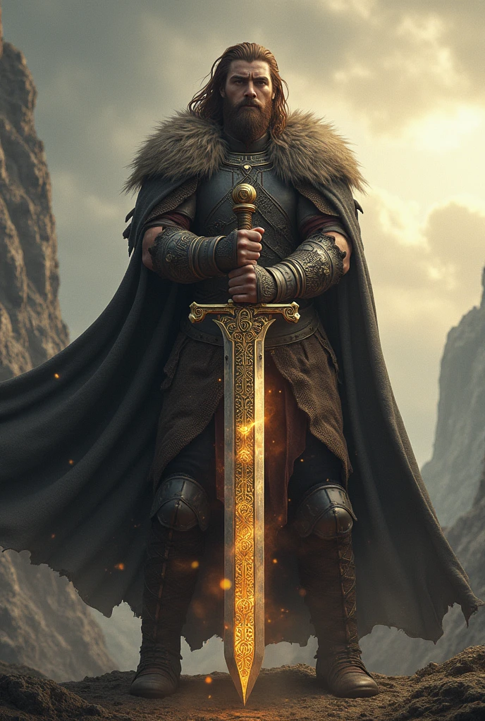 a sword of unimaginable power, capable of defeating any enemy.a demigod jarl with brown hair