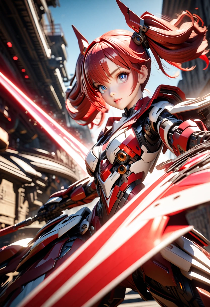 a detailed girl in mechanical red and white robot armor, holding a long red and white sword, flying dynamically through a blue sky, beautiful detailed eyes, lips, skin, long red hair in twin tails, red and white mechanical barrette, highly detailed patterns and shapes of the sword, glow of the sword blade and red beam emission effect, accurate depiction of the hand holding the sword, stabbing the viewer, cinematic lighting, vivid color, 3D rendering, professional photo resolution, award winning