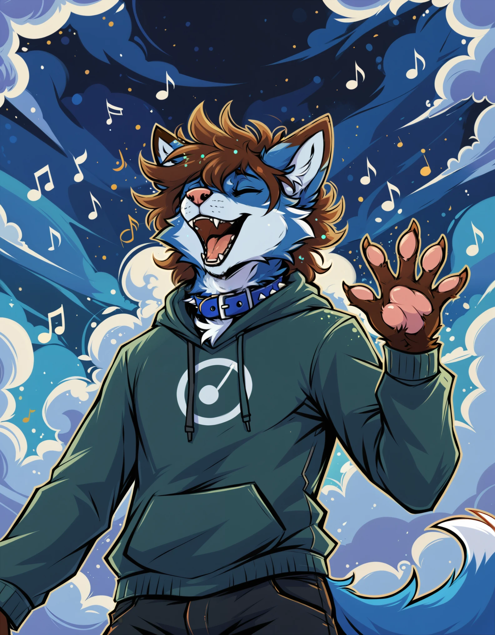 solo focus, good quality, adult male blue fox, blue body, white belly, white markings, brown hair, spiky hair, messy hair, messy hair, eyes closed, watch, jeans, green cropped hoodie, paws, pawpads, he is singing, pink nose, open mouth, teeth, blue collar, buckteeth, he is standing on clouds, looking up with closed eyes, breeze, BREAK, by piti yindee, by lawyerdog, detailed background, low-angle view, detailed foreground, stunning environment, surreal, abstract background, light particles, musical notes, bust portrait