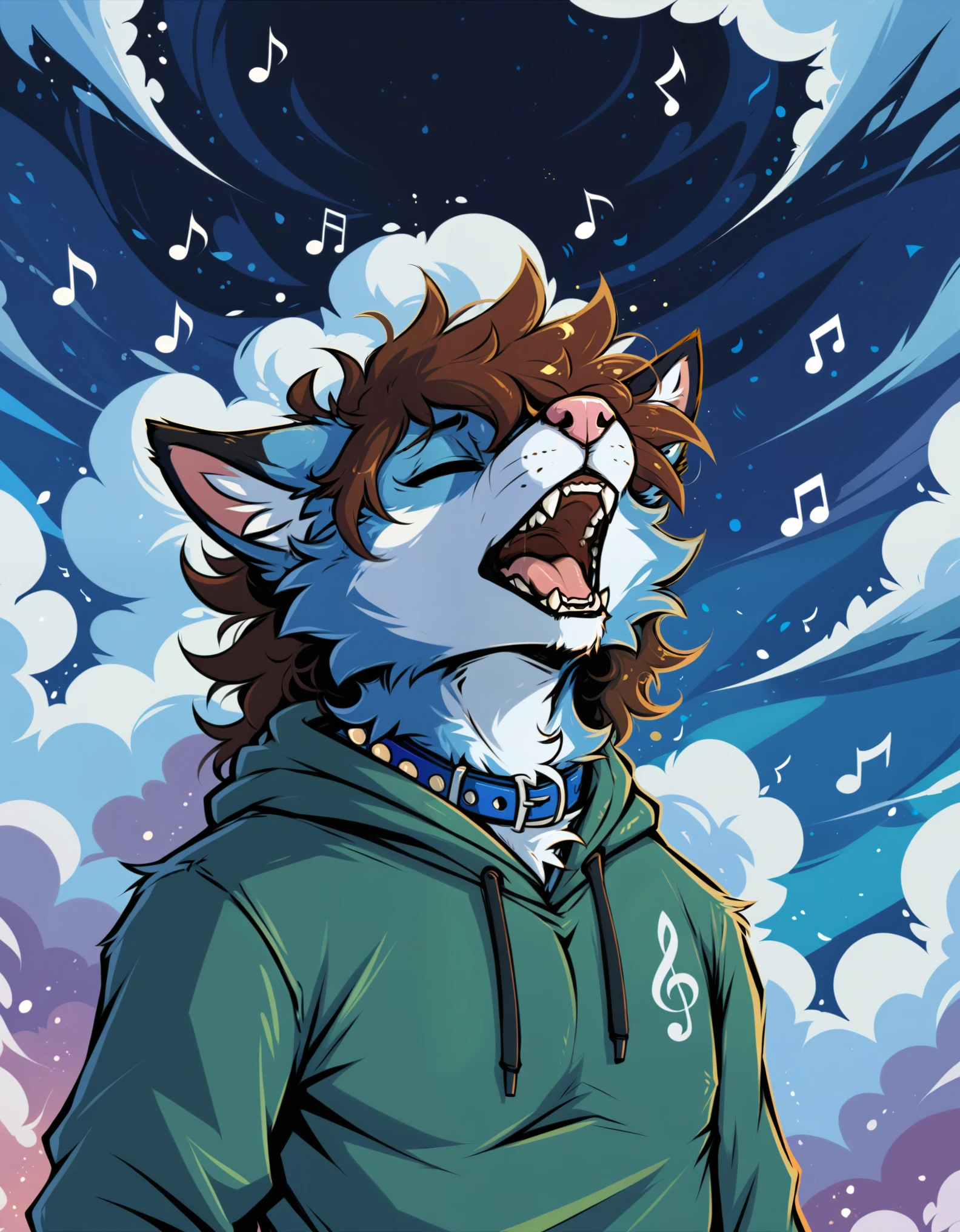 solo focus, good quality, adult male blue fox, blue body, white belly, white markings, brown hair, spiky hair, messy hair, messy hair, eyes closed, watch, jeans, green cropped hoodie, paws, pawpads, he is singing, pink nose, open mouth, teeth, blue collar, buckteeth, he is standing on clouds, looking up with closed eyes, breeze, BREAK, by piti yindee, by lawyerdog, detailed background, low-angle view, detailed foreground, stunning environment, surreal, abstract background, light particles, musical notes, bust portrait