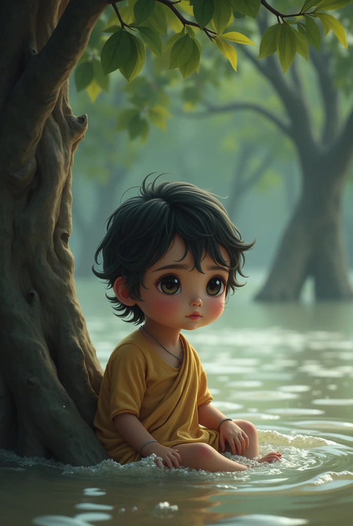 a Bengali  small child inside the flood beside a tree.and it’s look so innocent.