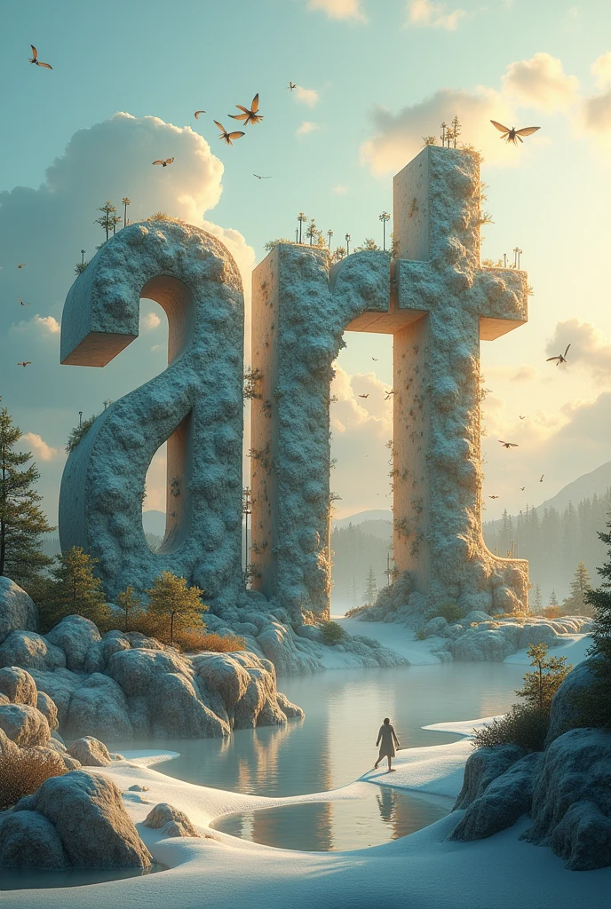 The word ART is represented in a dreamlike landscape, with letters that seem to float or transform into surreal elements such as melting clocks, dream landscapes and abstract figures. The letters have textures and shadows that create a sense of depth and unreality.. The color palette includes soft and ethereal tones, like blue, lilacs and gold, to accentuate the dreamlike aspect.