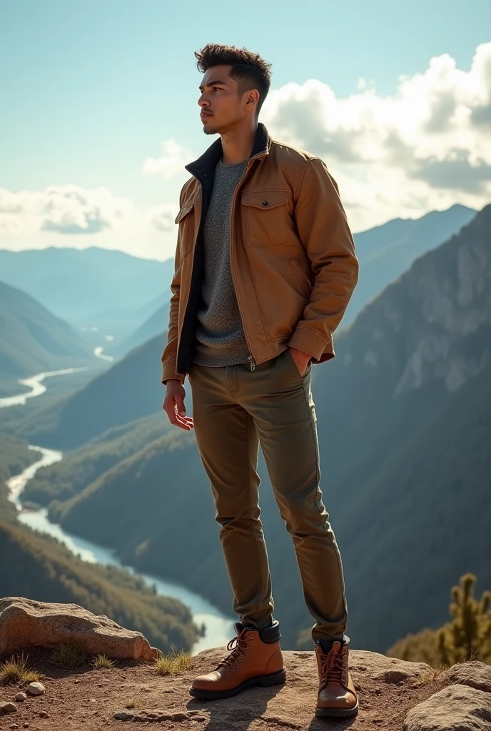 Create a striking outdoor fashion scene featuring a Hispanic male model with clear eyes and black hair. The model, with an athletic and stylish physique, is dressed in a rugged yet refined outfit suitable for a scenic mountain lookout. He’s wearing a well-fitted, earth-toned jacket layered over a casual, lightweight sweater, paired with slim-cut, durable pants that balance both comfort and style. The look is completed with sturdy yet fashionable hiking boots, adding a sense of adventure to the ensemble.
Situation:
The scene is set on a breathtaking mountain summit, with the model standing at a lookout point that offers a panoramic view of a vast, lush valley below. The sky is clear with a few scattered clouds, and the sunlight filters through, casting a warm, golden glow over the landscape. The distant mountains and winding rivers create a stunning backdrop, with the valley stretching out as far as the eye can see.
The model stands confidently on the edge of the lookout, with one hand resting casually on his hip and the other hanging by his side. His gaze is directed towards the horizon, capturing a moment of quiet reflection and admiration for the natural beauty around him. The wind gently tousles his hair and adds a sense of movement to his outfit, enhancing the rugged yet refined look.
The lighting is natural and emphasizes the textures of the model’s clothing, the rugged terrain, and the expansive view. The atmosphere is one of awe and tranquility, where the model embodies the essence of outdoor adventure—strong, stylish, and in harmony with nature.
Keywords: adventure, fashion, outdoor, mountain, valley, rugged, refined, nature, style, elegance, exploration, scenic, panoramic, hiking, model, landscape, travel, tranquility, natural beauty.