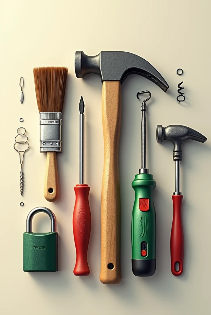 generate work tools paint brush,lock,hammer,green drill and screwdriver that are in order