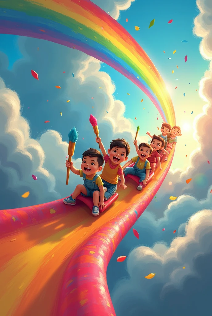 Children sliding down a rainbow with paintbrushes and creativity sliding to their destination
