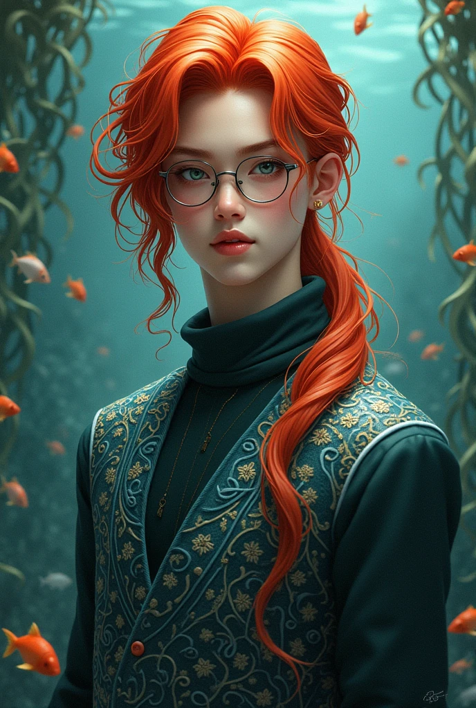 ((best qualityer)), ((work of art)), (detailded), 1 girl, ombro to ombro sweater, make an asian merman with red hair and glasses