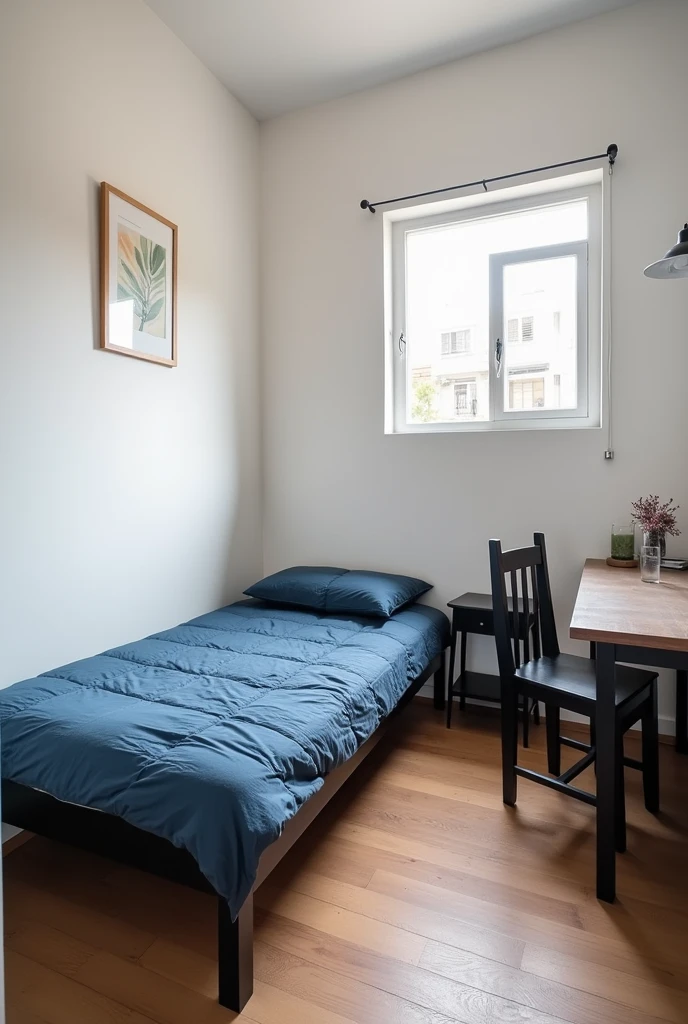 someone's bedroom from Peru where there is a bed with blue quilts, a desk and a closet. The walls are white and the furniture is black. not so luxurious