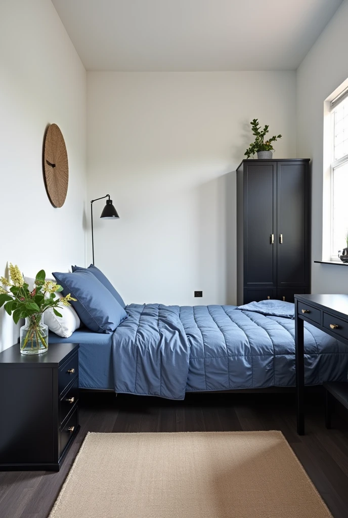 someone's bedroom from Peru where there is a bed with blue quilts, a desk and a closet. The walls are white and the furniture is black. not so luxurious
