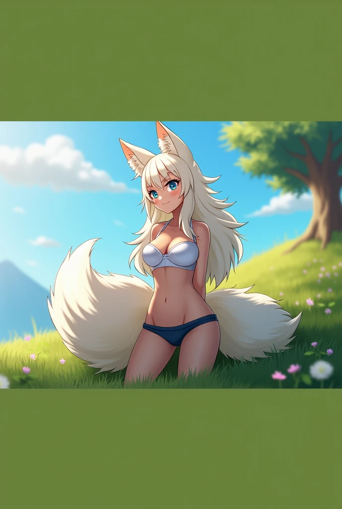 (masterpiece), expressive eyes, perfect face, correct anatomy, (furry:1.2), (fluffy:1.1), (anthro:1.2), (snout:1.2), very long hair, (gynomorph:1.4), fox ears, two-tone fur, body fur, closed eyes, fox tail, white bra, blue panties, smile, sky, tree, grass, hands behind body