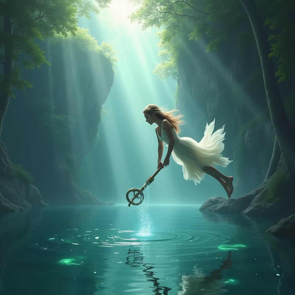 The young woman dives into an enchanted lake, surrounded by mermaids, and finds a mystical key shining at the bottom of the waters.