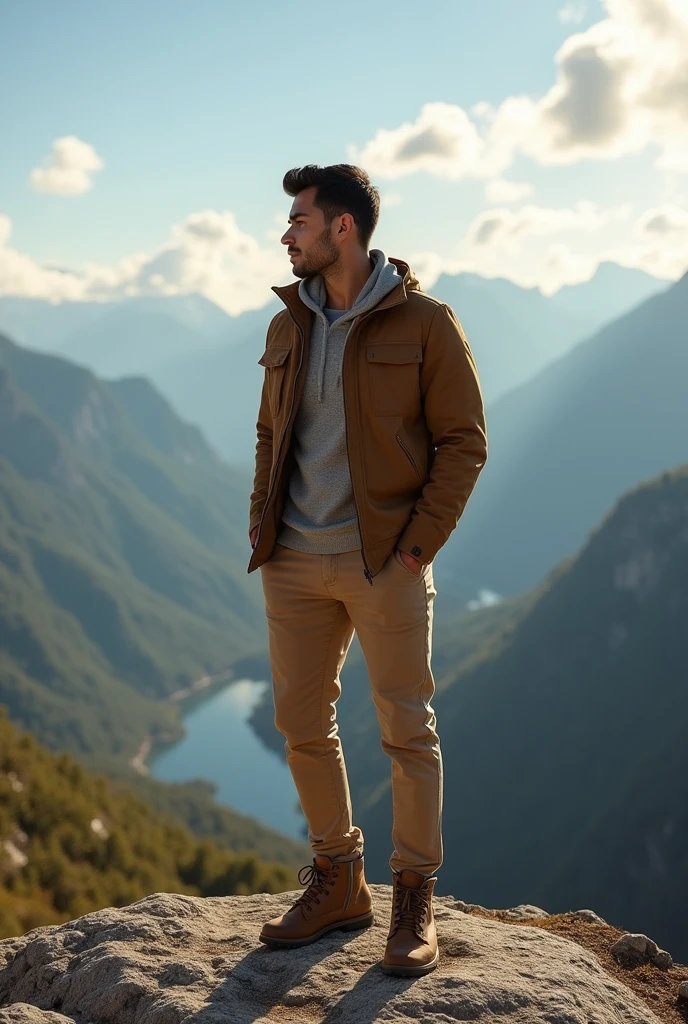 Create a striking outdoor fashion scene featuring a Hispanic male model with clear eyes and black hair. The model, with an athletic and stylish physique, is dressed in a rugged yet refined outfit suitable for a scenic mountain lookout. He’s wearing a well-fitted, earth-toned jacket layered over a casual, lightweight sweater, paired with slim-cut, durable pants that balance both comfort and style. The look is completed with sturdy yet fashionable hiking boots, adding a sense of adventure to the ensemble.
Situation:
The scene is set on a breathtaking mountain summit, with the model standing at a lookout point that offers a panoramic view of a vast, lush valley below. The sky is clear with a few scattered clouds, and the sunlight filters through, casting a warm, golden glow over the landscape. The distant mountains and winding rivers create a stunning backdrop, with the valley stretching out as far as the eye can see.
The model stands confidently on the edge of the lookout, with one hand resting casually on his hip and the other hanging by his side. His gaze is directed towards the horizon, capturing a moment of quiet reflection and admiration for the natural beauty around him. The wind gently tousles his hair and adds a sense of movement to his outfit, enhancing the rugged yet refined look.
The lighting is natural and emphasizes the textures of the model’s clothing, the rugged terrain, and the expansive view. The atmosphere is one of awe and tranquility, where the model embodies the essence of outdoor adventure—strong, stylish, and in harmony with nature.
Keywords: adventure, fashion, outdoor, mountain, valley, rugged, refined, nature, style, elegance, exploration, scenic, panoramic, hiking, model, landscape, travel, tranquility, natural beauty.