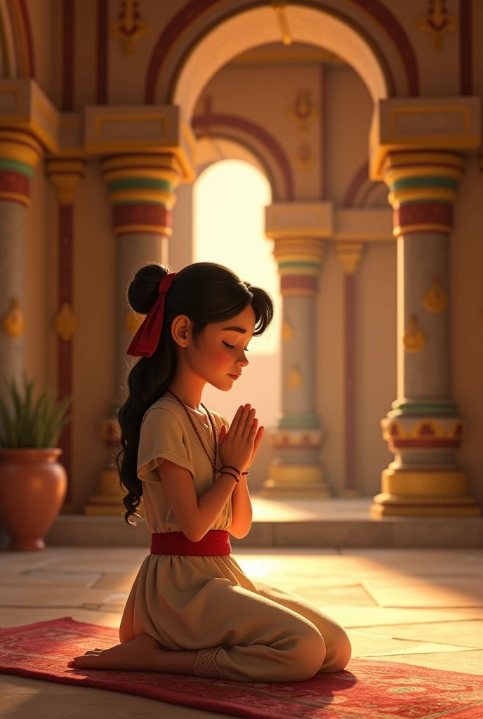 young israelite woman praying in pixar animated temple
