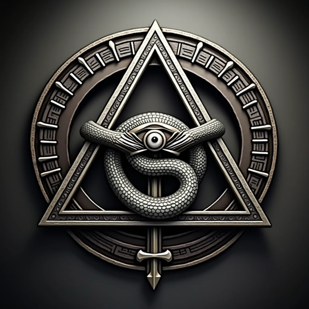Create for me a 3D logo where there is a pyramid with an eye in its center, A snake is coiled around, and a sword piercing the pyramid. with nothing in the background, just the logo as I asked.