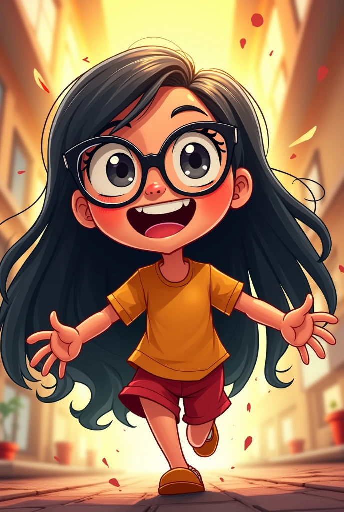 cute cartoonish girl, 1girl, smiling, happy expression, vibrant colors, dynamic pose, whimsical, comedic, slapstick, playful, exaggerated features, dynamic perspective, comic book style, bold outlines, dynamic lighting, warm color palette, high quality, detailed illustration, dynamic composition, humorous, expressive, fun, lively, appealing, charming, lighthearted, dynamic action, amusing, engaging con lentes cabello negro y un poco largo