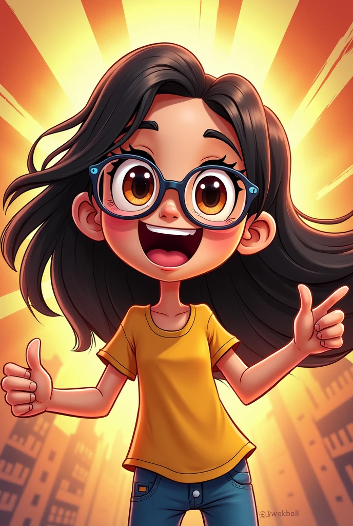 cute cartoonish girl, 1girl, smiling, happy expression, vibrant colors, dynamic pose, whimsical, comedic, slapstick, playful, exaggerated features, dynamic perspective, comic book style, bold outlines, dynamic lighting, warm color palette, high quality, detailed illustration, dynamic composition, humorous, expressive, fun, lively, appealing, charming, lighthearted, dynamic action, amusing, engaging con lentes cabello negro y un poco largo