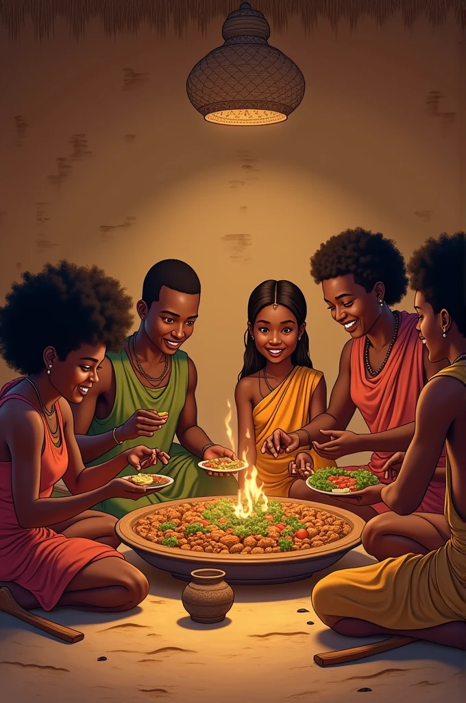 Une famille africaine, en train de manger ensemble à la main dans un même plat