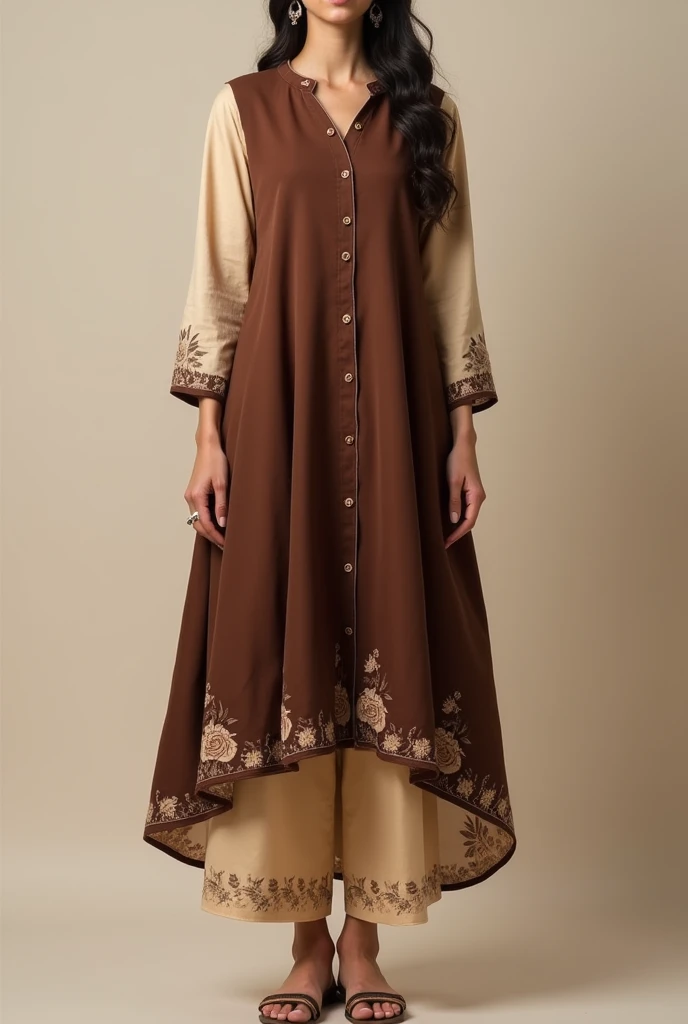 A open button full sleeve round kurti.Sleeve is beige colour & it has little rose on bottom of the sleeve that is chocolate colour. The whole body of the dress is chocolate colour...& the dress has a open button system & a slight divive on the bottom...the button color is chocolate.... Show me full image.....sleeve rose is printed rose....button is on whole body & has a divide in the bottom portion of the dress &pant is also beige colour