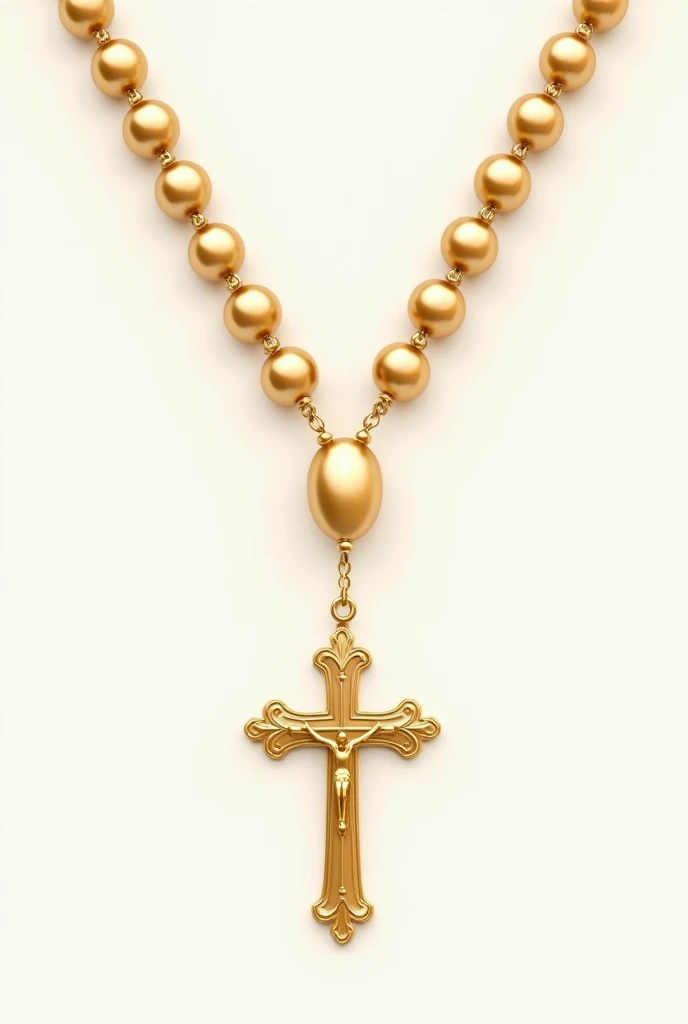 Make me in white background, 3d animated illustration pixar style, of a rosary chain with a cross, I want these to be in gold color