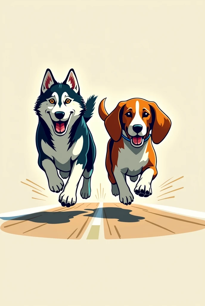 Image for a running club logo with an adult Siberian husky and an adult basset hound running towards the finish line as if they were in a race 