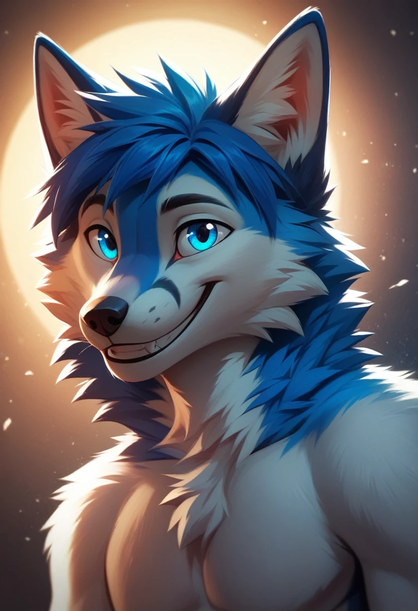 solo male, white fox, furry, smiling, red fur, Black fur stripe, netral, Traumatized face, dynamic lighting, illustration, beautiful, particles (high quality,4k,8k,highres,masterpiece:1.2), ultra-detailed, impressionistic:colorful,furry anthropomorphic human wolf white blue fur hair on the head blue hair on the head blue tail eyes blue eyes blue