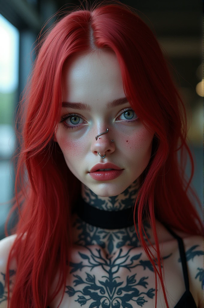 Make a 20 year old girl. medical student. Long red violet hair, white, with a mole on the left cheek, Heterochromatic eyes: grey-honey and blue-honey. Full lips, thin and defined jaw. hourglass body, Tattoos all over his body, piercing septum, y nostril. gothic