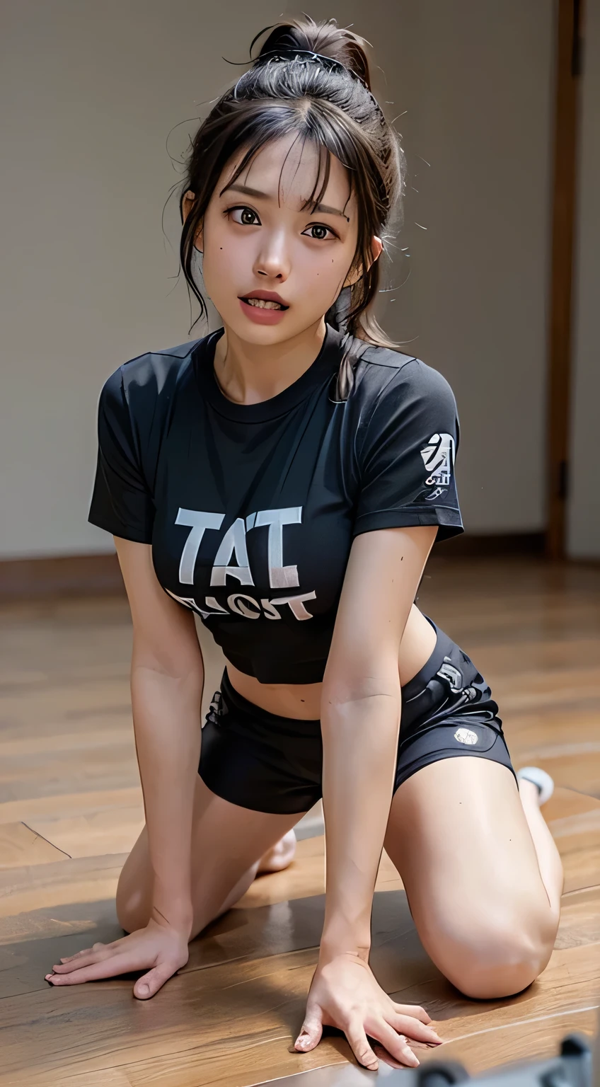 Very detailed CG Unity 8k wallpaper、Highest quality、Very detailed、masterpiece、reality、reality、Very detailedなかわいい、1、(Japanese women)、((Plain black short sleevesＴshirt:1.5))、((A high school girl wearing black sports shorts:1.4))、((Photographed from the front:1.4))、((Standing in an empty room:1.4))、((Standing confused:1.4))、blush、Cleft lip、Looking at the audience、((Cowboy Shot:1.4))、((Black ponytail:1.7))、(Beautiful Face:1.3)、(Perfect balance:1.2)、(Long legs:1.2)、(Small breasts:1.3)、((Upper Body))、((I am engaged in a martyrdom campaign.:1.4))、((Sitting on all fours on the floor:1.5))、Angle from below、reality、((ＴThe shirt is see-through:1.7))、((Confused expression:1.5))、