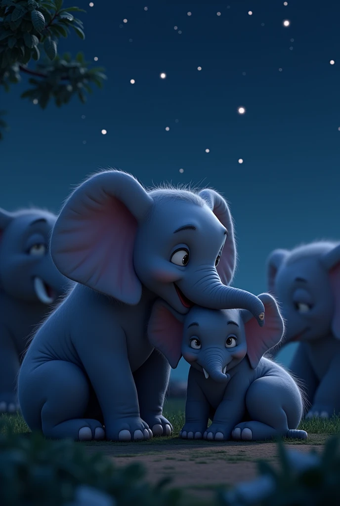 A peaceful night scene with the herd gathered under a starry sky. Mali, feeling safe, cuddles up next to Tara, who gently wraps her trunk around her daughter, illustrating their deep bond of love and protection.In 3d animation a young elephant