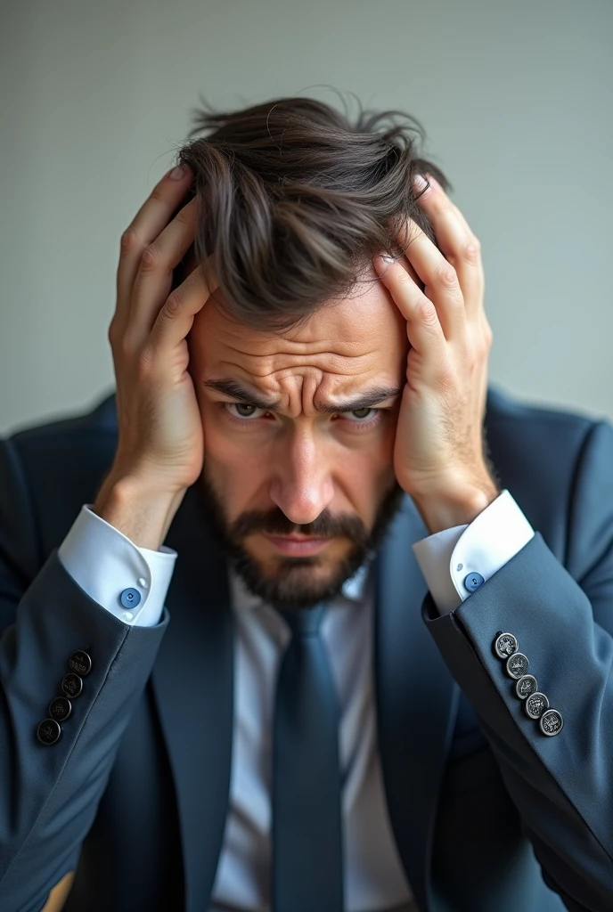 Worried businessman with his hands on his head concerned about the prices of control systems