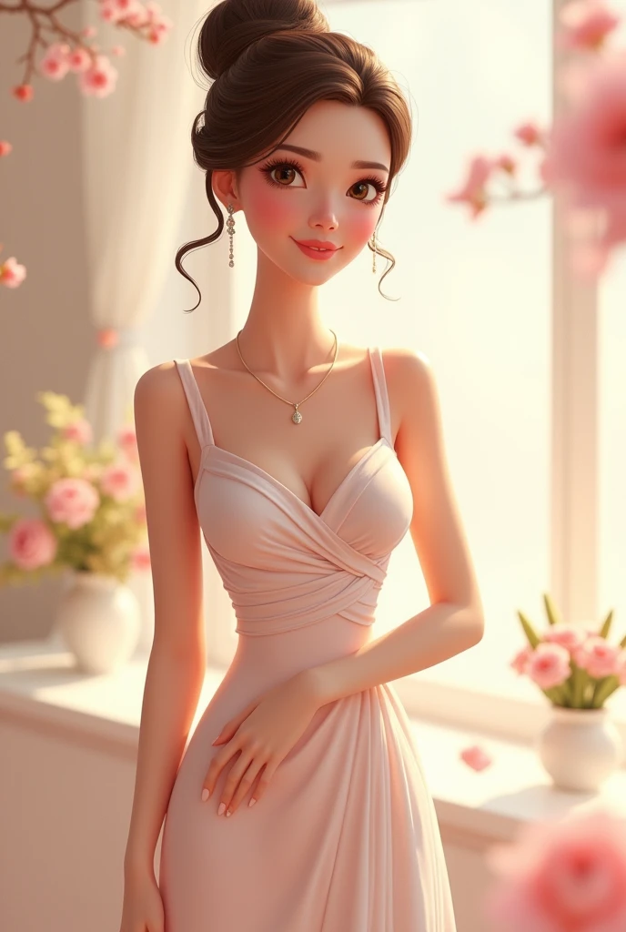 **imageio:**
**fund:** A soft and elegant setting, WITH PASTEL TONES, perhaps a garden or a room decorated with refined elements.
**main character:** A woman with features that reflect charm and elegance. She wears a sophisticated, well-fitting dress., with subtle details that enhance your beauty. The style can be classic, mas com um toque moderno.
**Posture and Expression:** The woman is standing or in a graceful pose, with a friendly and warm smile. Your posture should convey confidence and kindness..
**Accessories:** Accessories delicados, like discreet earrings and an elegant necklace, that complement the look without overloading it.
**enviroment:** Elements that convey beauty and sophistication, like fresh flowers, a table with fine items or subtle decoration that highlights the character's style.