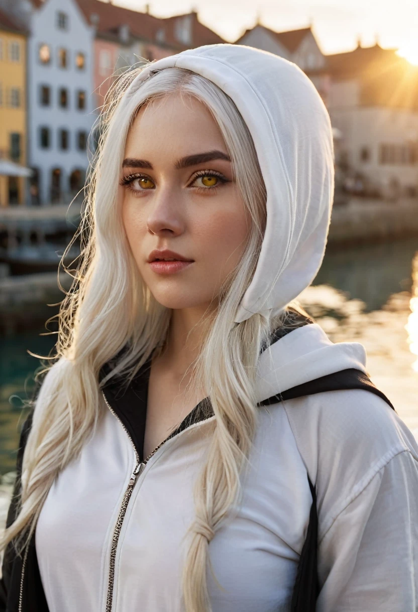 A beautiful young woman with delicate facial features, long white hair, and yellow eyes, wearing a white shirt, a black hooded jacket, and a black baseball cap. She has black stockings and thigh-high black boots. The scene is set in a medieval port at sunset, with detailed water reflections and sun glare. A medium shot, with a shallow depth of field, showcasing the upper body and bust in a cinematic angle. Masterpiece, best quality, extremely detailed, 8K wallpaper, beautiful face, refined eyes, solo, coastal town, port, sunset, water, sunlight reflections.