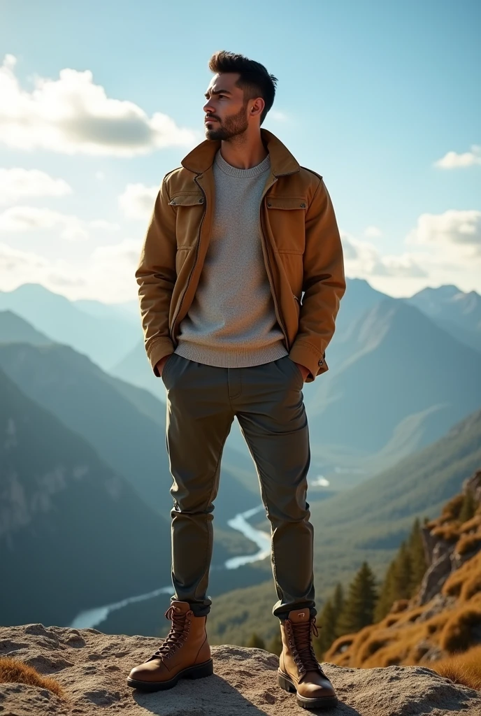 Create a striking outdoor fashion scene featuring a Hispanic male model with clear eyes and black hair. The model, with an athletic and stylish physique, is dressed in a rugged yet refined outfit suitable for a scenic mountain lookout. He’s wearing a well-fitted, earth-toned jacket layered over a casual, lightweight sweater, paired with slim-cut, durable pants that balance both comfort and style. The look is completed with sturdy yet fashionable hiking boots, adding a sense of adventure to the ensemble.
Situation:
The scene is set on a breathtaking mountain summit, with the model standing at a lookout point that offers a panoramic view of a vast, lush valley below. The sky is clear with a few scattered clouds, and the sunlight filters through, casting a warm, golden glow over the landscape. The distant mountains and winding rivers create a stunning backdrop, with the valley stretching out as far as the eye can see.
The model stands confidently on the edge of the lookout, with one hand resting casually on his hip and the other hanging by his side. His gaze is directed towards the horizon, capturing a moment of quiet reflection and admiration for the natural beauty around him. The wind gently tousles his hair and adds a sense of movement to his outfit, enhancing the rugged yet refined look.
The lighting is natural and emphasizes the textures of the model’s clothing, the rugged terrain, and the expansive view. The atmosphere is one of awe and tranquility, where the model embodies the essence of outdoor adventure—strong, stylish, and in harmony with nature.
Keywords: adventure, fashion, outdoor, mountain, valley, rugged, refined, nature, style, elegance, exploration, scenic, panoramic, hiking, model, landscape, travel, tranquility, natural beauty.