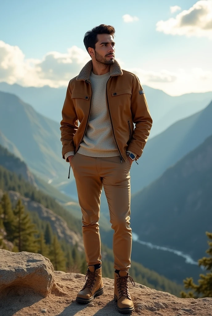 Create a striking outdoor fashion scene featuring a Hispanic male model with clear eyes and black hair. The model, with an athletic and stylish physique, is dressed in a rugged yet refined outfit suitable for a scenic mountain lookout. He’s wearing a well-fitted, earth-toned jacket layered over a casual, lightweight sweater, paired with slim-cut, durable pants that balance both comfort and style. The look is completed with sturdy yet fashionable hiking boots, adding a sense of adventure to the ensemble.
Situation:
The scene is set on a breathtaking mountain summit, with the model standing at a lookout point that offers a panoramic view of a vast, lush valley below. The sky is clear with a few scattered clouds, and the sunlight filters through, casting a warm, golden glow over the landscape. The distant mountains and winding rivers create a stunning backdrop, with the valley stretching out as far as the eye can see.
The model stands confidently on the edge of the lookout, with one hand resting casually on his hip and the other hanging by his side. His gaze is directed towards the horizon, capturing a moment of quiet reflection and admiration for the natural beauty around him. The wind gently tousles his hair and adds a sense of movement to his outfit, enhancing the rugged yet refined look.
The lighting is natural and emphasizes the textures of the model’s clothing, the rugged terrain, and the expansive view. The atmosphere is one of awe and tranquility, where the model embodies the essence of outdoor adventure—strong, stylish, and in harmony with nature.
Keywords: adventure, fashion, outdoor, mountain, valley, rugged, refined, nature, style, elegance, exploration, scenic, panoramic, hiking, model, landscape, travel, tranquility, natural beauty.