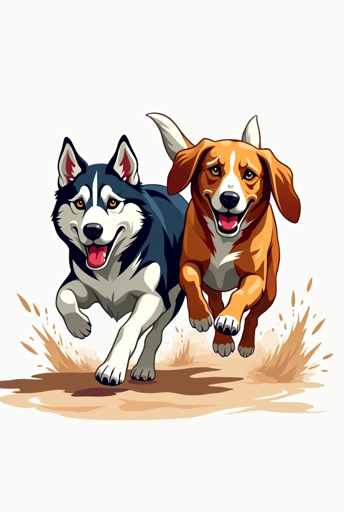 Image for a running club logo with an adult Siberian husky and an adult basset hound running towards the finish line as if they were in a race where the animation is a little more realistic and detailed