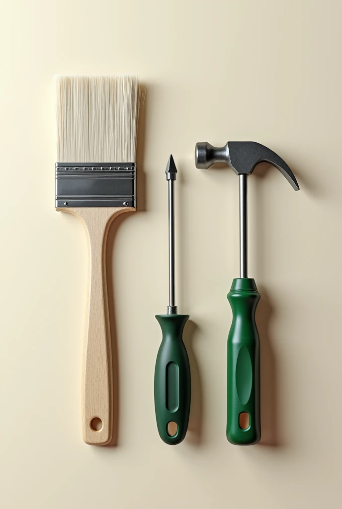 generate work tools paint brush,lock,hammer,Green drill and screwdriver that are in order, do not put anything else, just those tools, do not put a lock