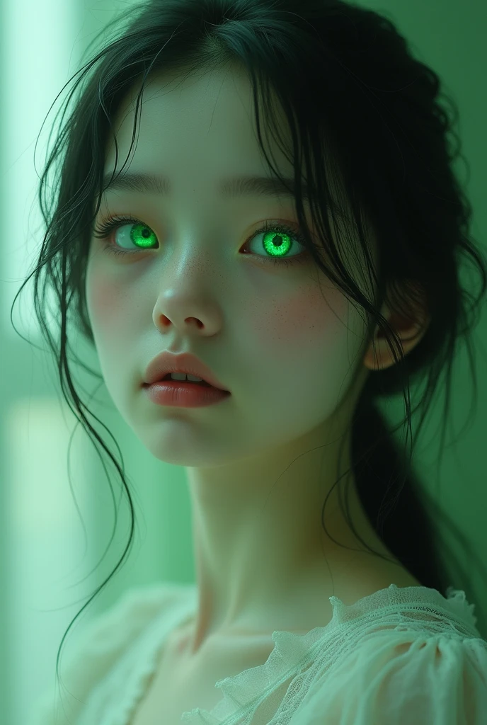 A girl with a green sclera