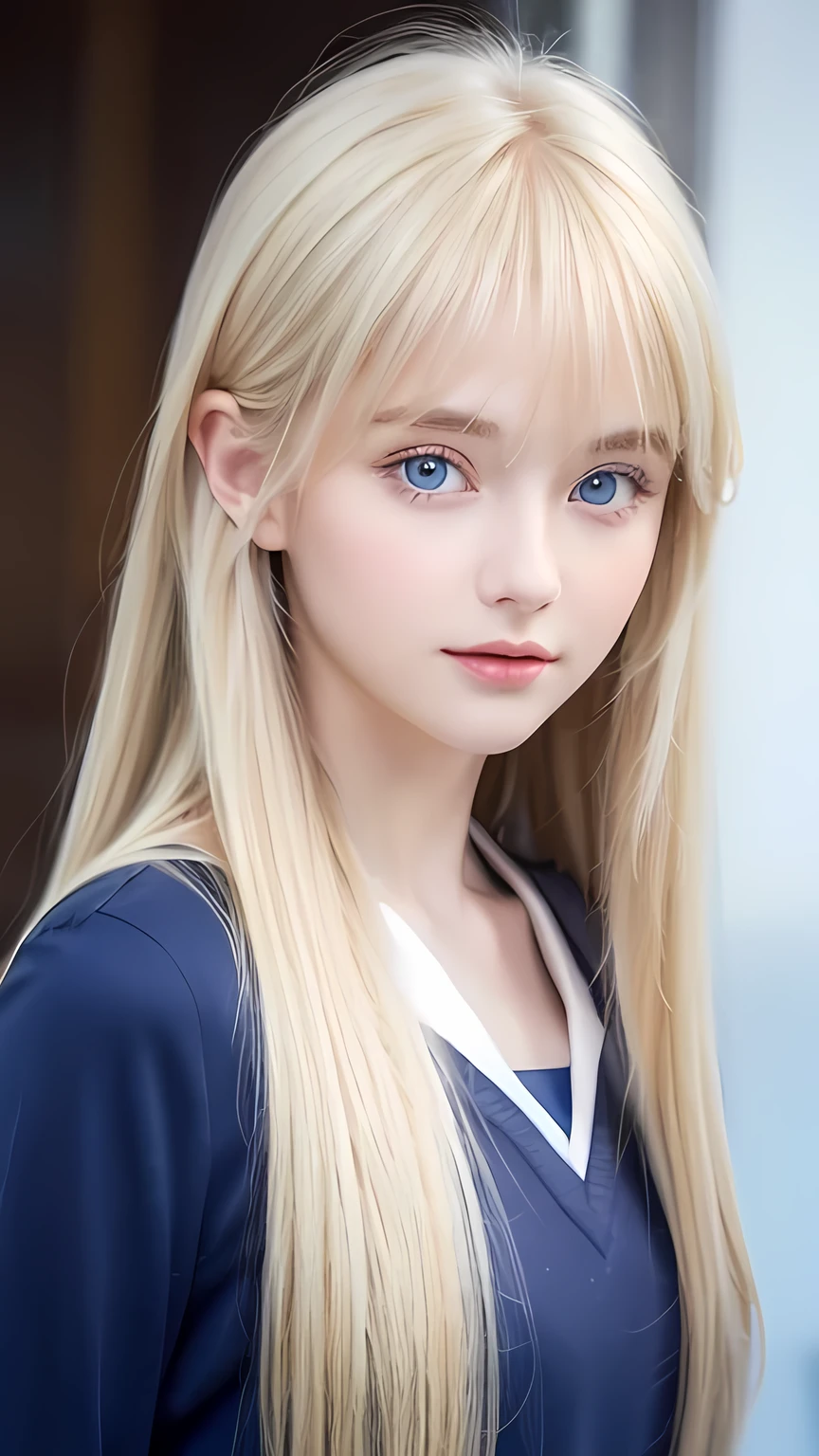 A very beautiful Nordic girl、Super long silky shiny metallic butter blonde hair、Cute beautiful girl with sexy messy bangs、Hair above the eyes、片Hair above the eyes、Hair between the eyes、uniform、Super long beautiful blonde hair、Beautiful bangs between the eyes、Very beautiful cute face、Cute beautiful gentle expression、high school girl、Big, pale, very bright sky blue eyes that shine beautifully、Small Face Beauty、Round face、Snow-white glossy skin、