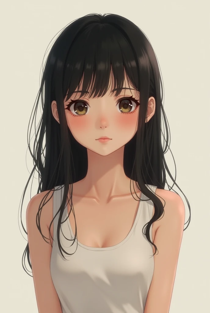 Innocent looking girl with perky , black hair and eyes. And is shy