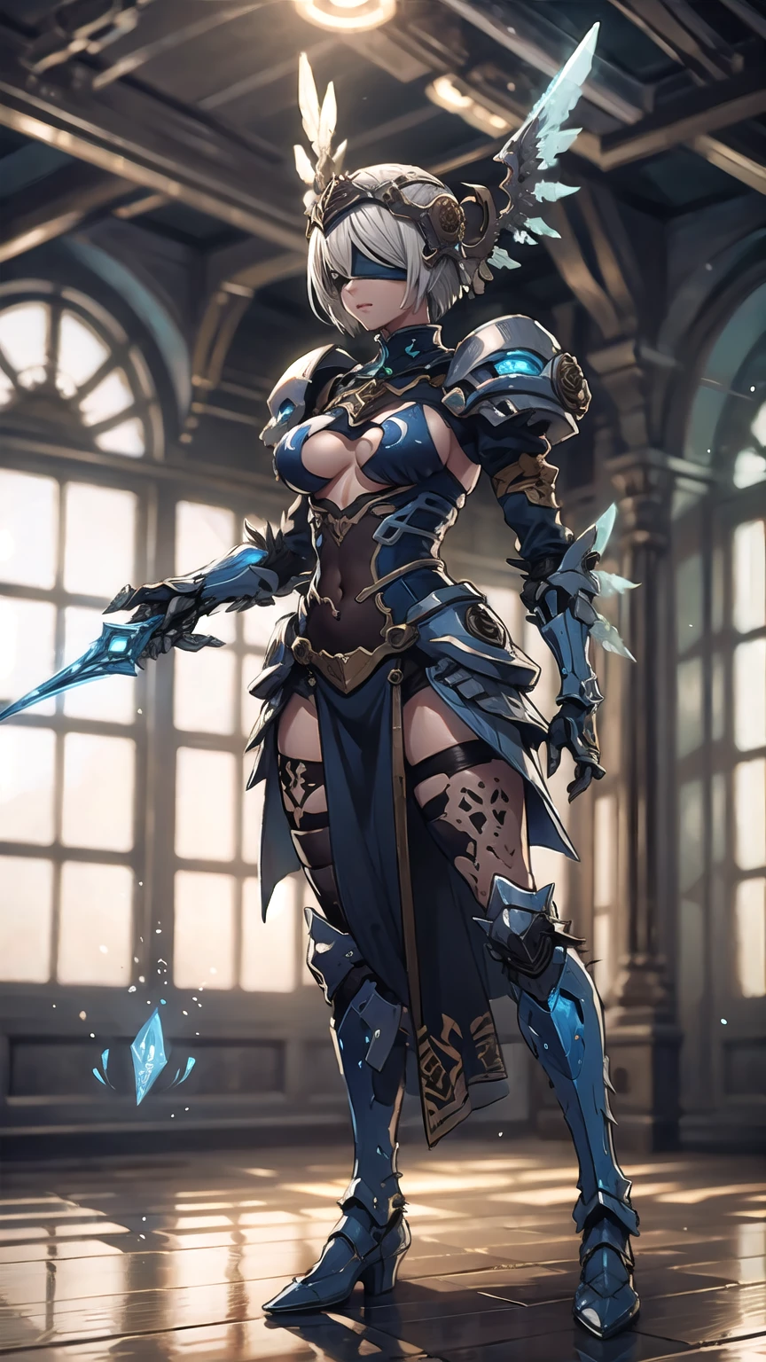kitbash of Lenneth from 'Valkyrie profile' and 2B from 'Nier: Automata', combine 2B and Lenneth, solo, 1girl, BREAK: ((bright sapphire blue plate mech4rmor)), (boob window:1.27), (blue helmet blindfold:1.32), thigh cutout, long skirt, wings, BREAK: standing contrapposto, holding glowing spear, light smile, BREAK: dungeon setting, BREAK: (better hands, best hands), (insanely detailed, masterpiece, best quality), strong_negative, yxwqsj