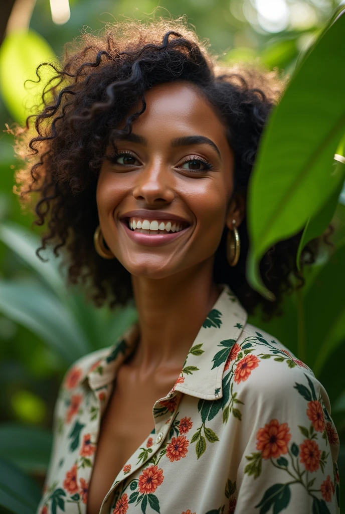 A Brazilian woman in a lush tropical garden, wearing an open shirt with a floral print, with a close-up capturing the harmonious beauty between her breasts and the natural flowers, showing off your natural charm and outgoing personality.
