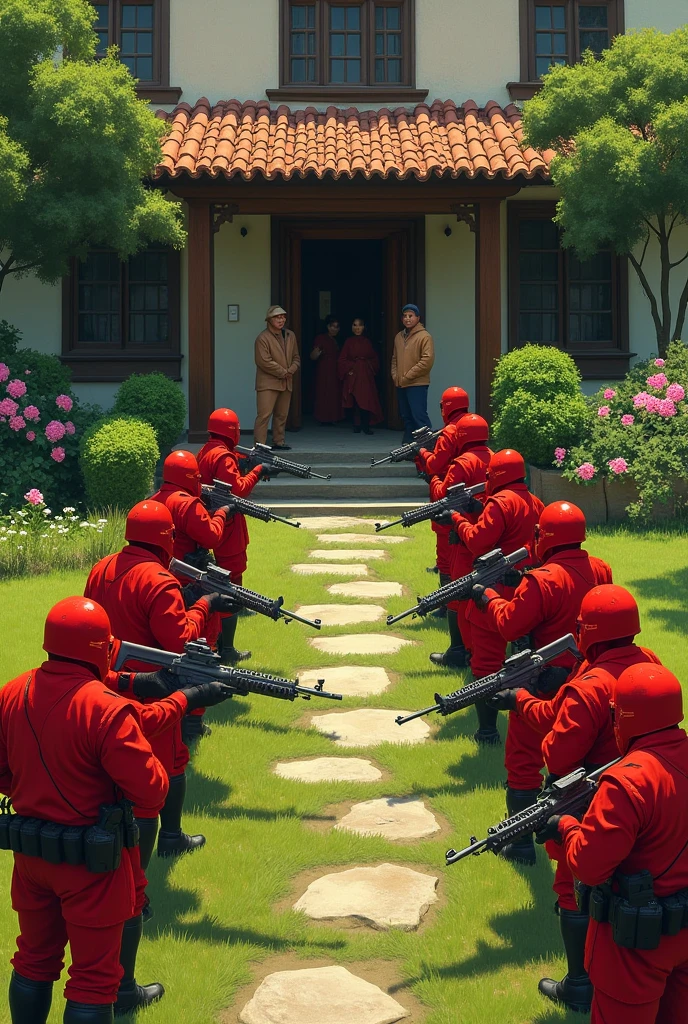 People dressed in red in the garden of a plot of land with weapons pointing at people who are at the door of the house dressed in brown