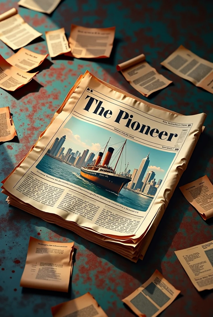 a newspaper with the title "the pioneer" on the ground in the middle of old papers on a metal floor. On the first page, we see a big boat with a big city on it