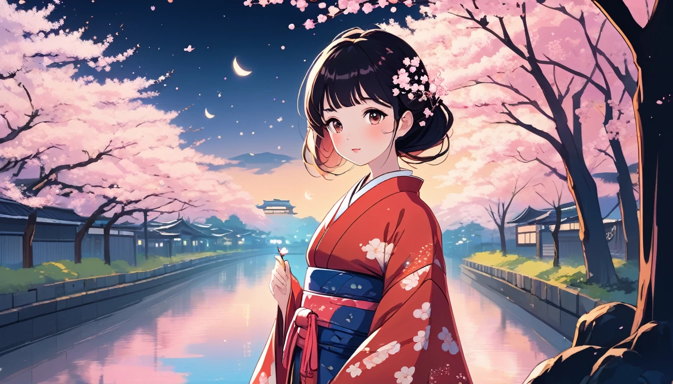 Woman in kimono、The background is cherry blossoms at night、Wide-angle lens, Lofi Anime, Lofi illustration, Aesthetic atmosphere, Lo-Fi Style, Vector art, Flat Design, Simple shape, Warm tones, Pleasant atmosphere, Chill, In anime style, Digital drawing, Vector art, Vector logo for t-shirt printing, (Adorable:1.5), (small:1.4), (Playful:1.2), (soft:1.3), (Whimsical:1.1), masterpiece, Highest quality, 8k, Intricate details, grow, Celestial, Mysterious, Picturesque, amazing, Majestic, Magic, Fantasy art, Cover art, dream-like