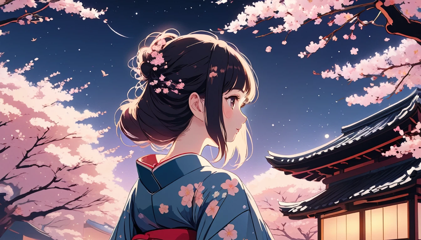 Woman in kimono、The background is cherry blossoms at night、Wide-angle lens, Lofi Anime, Lofi illustration, Aesthetic atmosphere, Lo-Fi Style, Vector art, Flat Design, Simple shape, Warm tones, Pleasant atmosphere, Chill, In anime style, Digital drawing, Vector art, Vector logo for t-shirt printing, (Adorable:1.5), (small:1.4), (Playful:1.2), (soft:1.3), (Whimsical:1.1), masterpiece, Highest quality, 8k, Intricate details, grow, Celestial, Mysterious, Picturesque, amazing, Majestic, Magic, Fantasy art, Cover art, dream-like