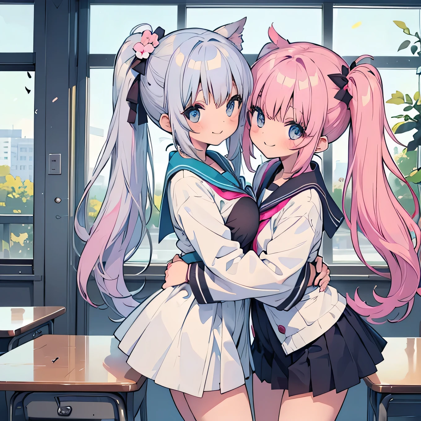School classroom、High School Uniform、Japanese women、cute、1６Year、Ultra mini skirt、Beautiful thighs、
delicate、masterpiece、Highest quality、2 people、Only 2 people、2 people、(((cute、Pink Hair、Long Hair、Twin tails，distinct eyes、There is no &quot;have&quot;)))、(((cute、Silver Hair、Side Tail、High ponytail on the left、have)))、Flat Color、Both people are facing forward、Sparkling eyes sketch(flying debris), (Highest quality), Very detailed, ((1 person)), Focus Only，dynamic，((smile))，Perfect Face, Beautiful Face, Very detailedな顔，Swimwear，Idle only，Gorgeous hair ornament,smile、Large Breasts、They are hugging each other